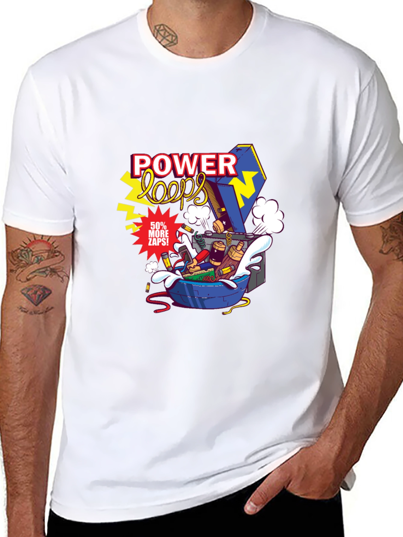 Power Loops Black Graphic Tee - Electric Cartoon Design