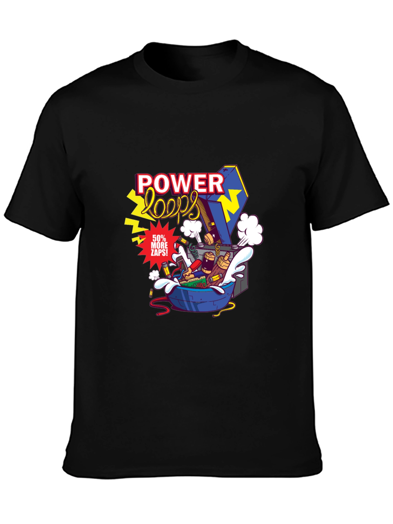 Power Loops Black Graphic Tee - Electric Cartoon Design
