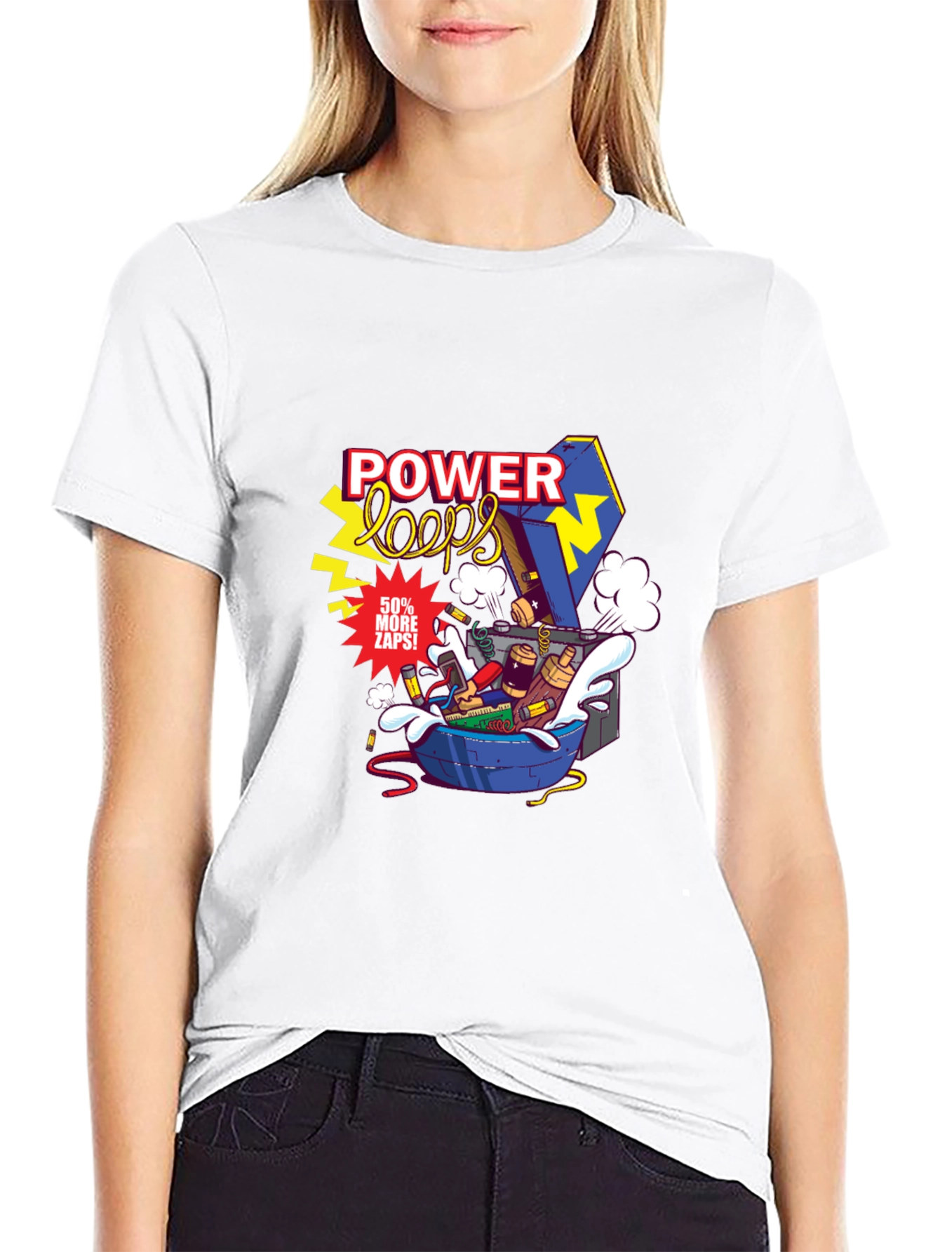 Power Loops Black Graphic Tee - Electric Cartoon Design
