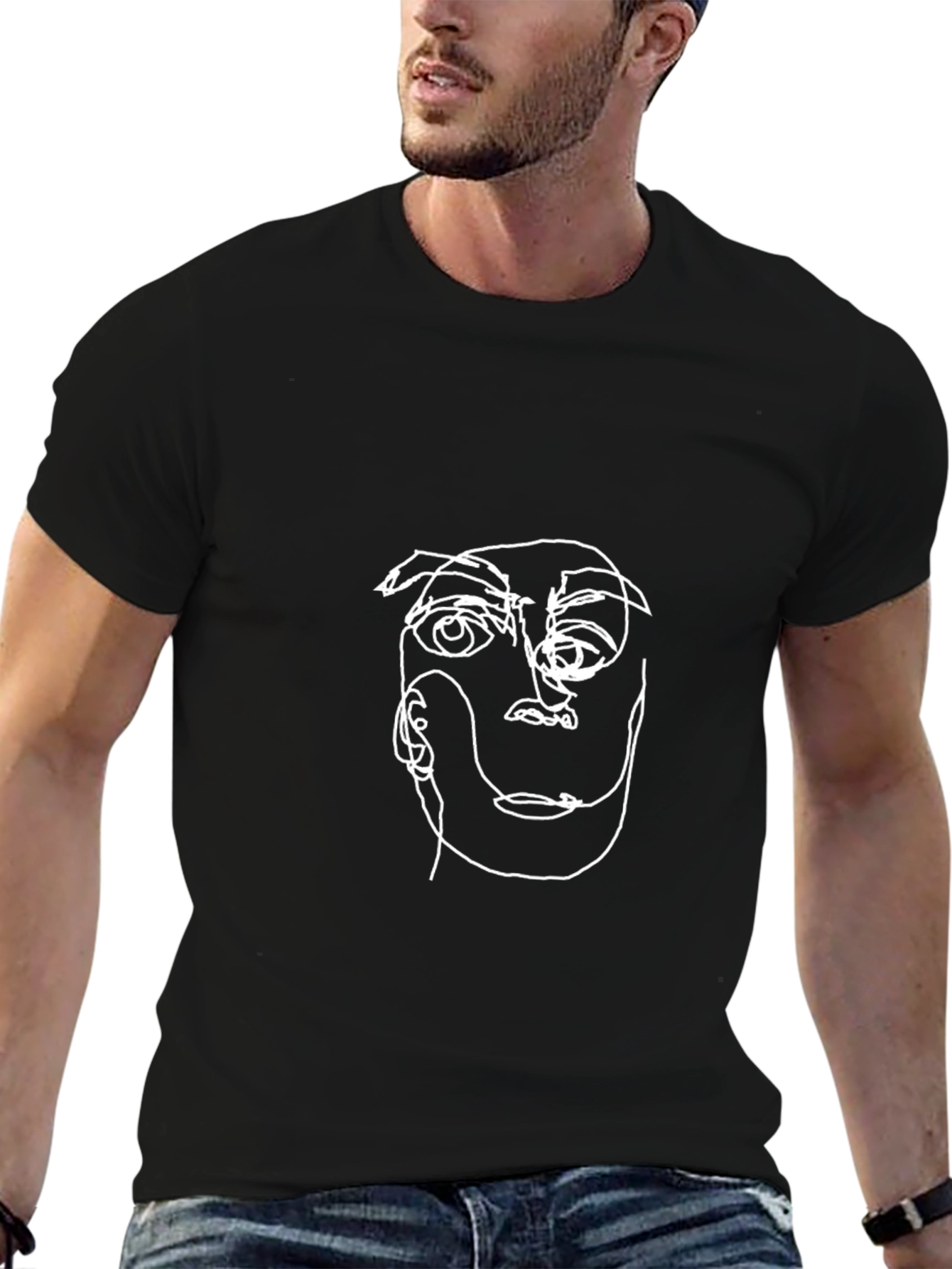 Minimalist Face Line Art Black T-Shirt