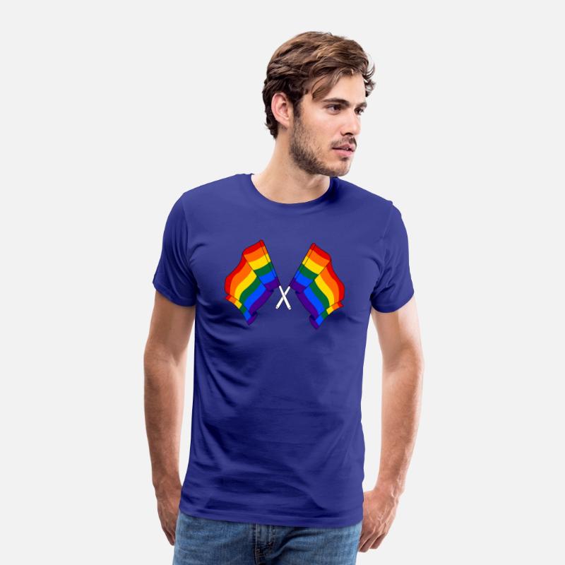 Two rainbow flags crossed