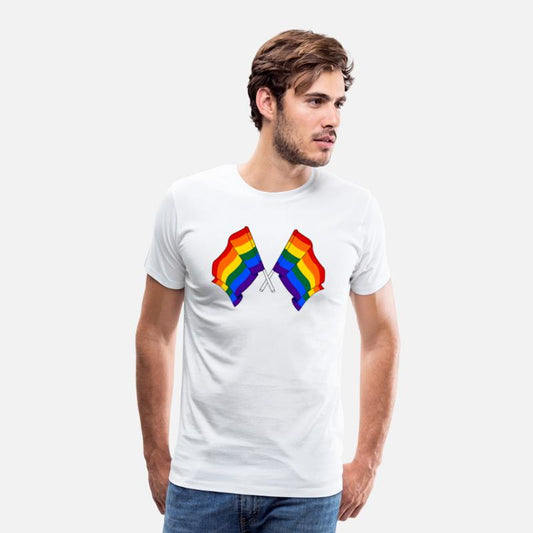 Two rainbow flags crossed
