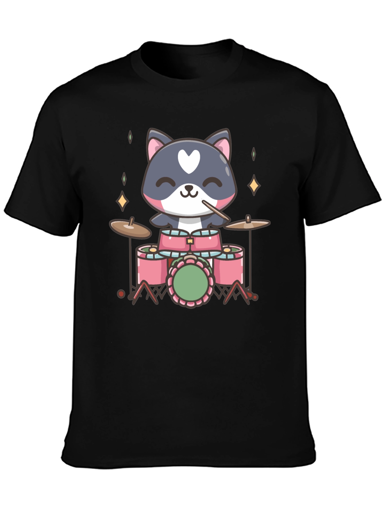 Cute Cat Drummer Black T-Shirt