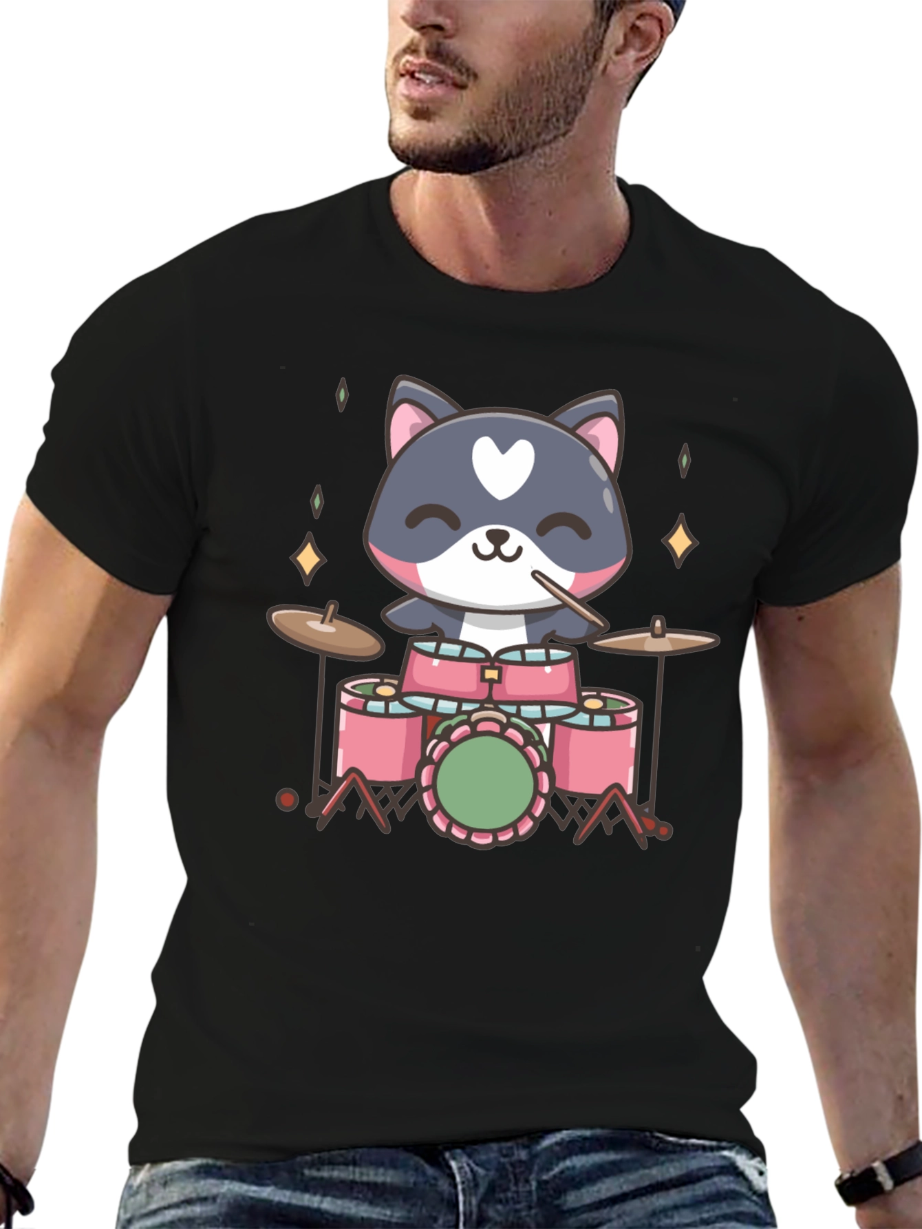 Cute Cat Drummer Black T-Shirt