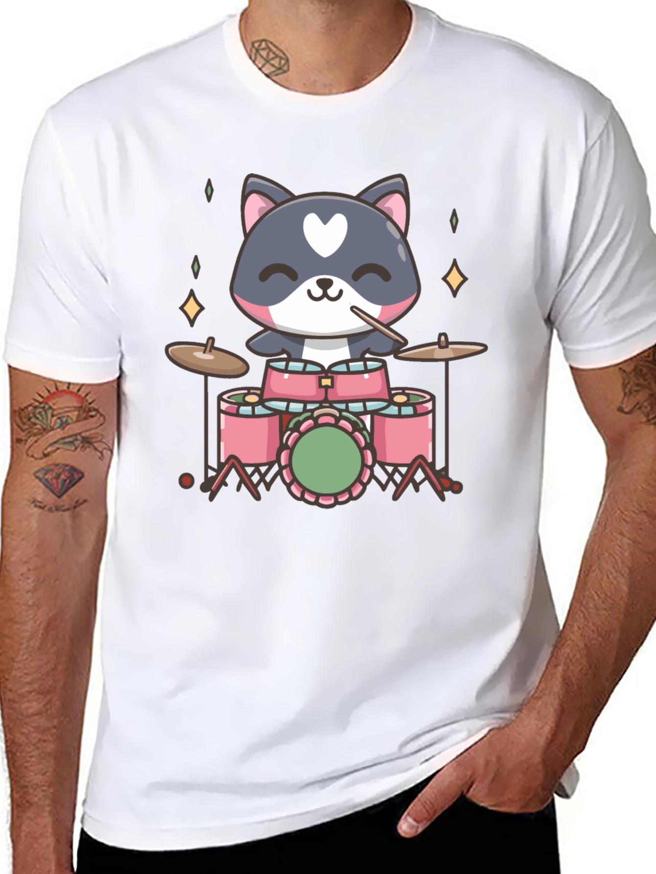 Cute Cat Drummer Black T-Shirt