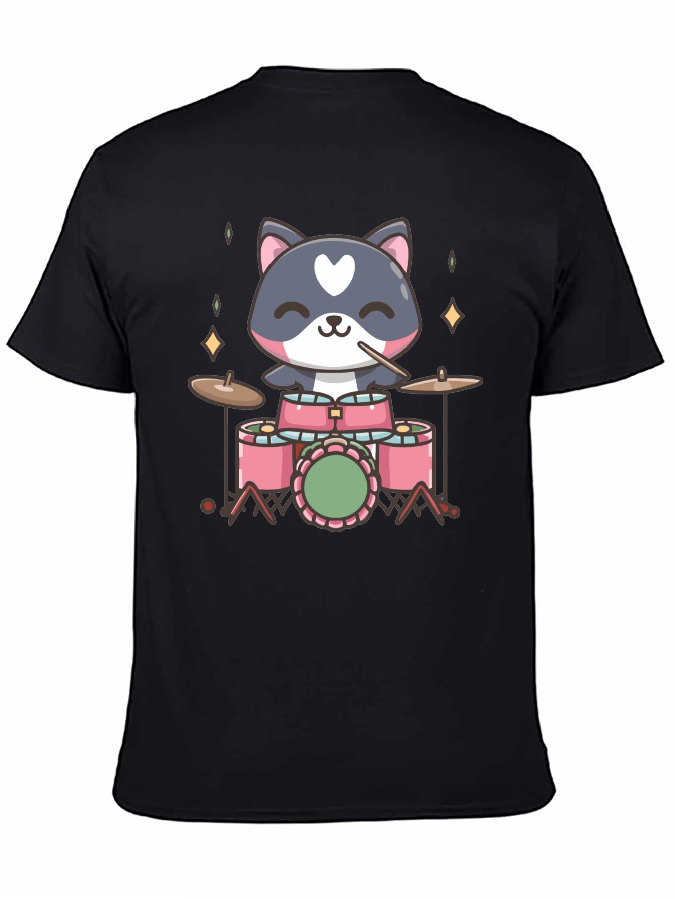 Cute Cat Drummer Black T-Shirt