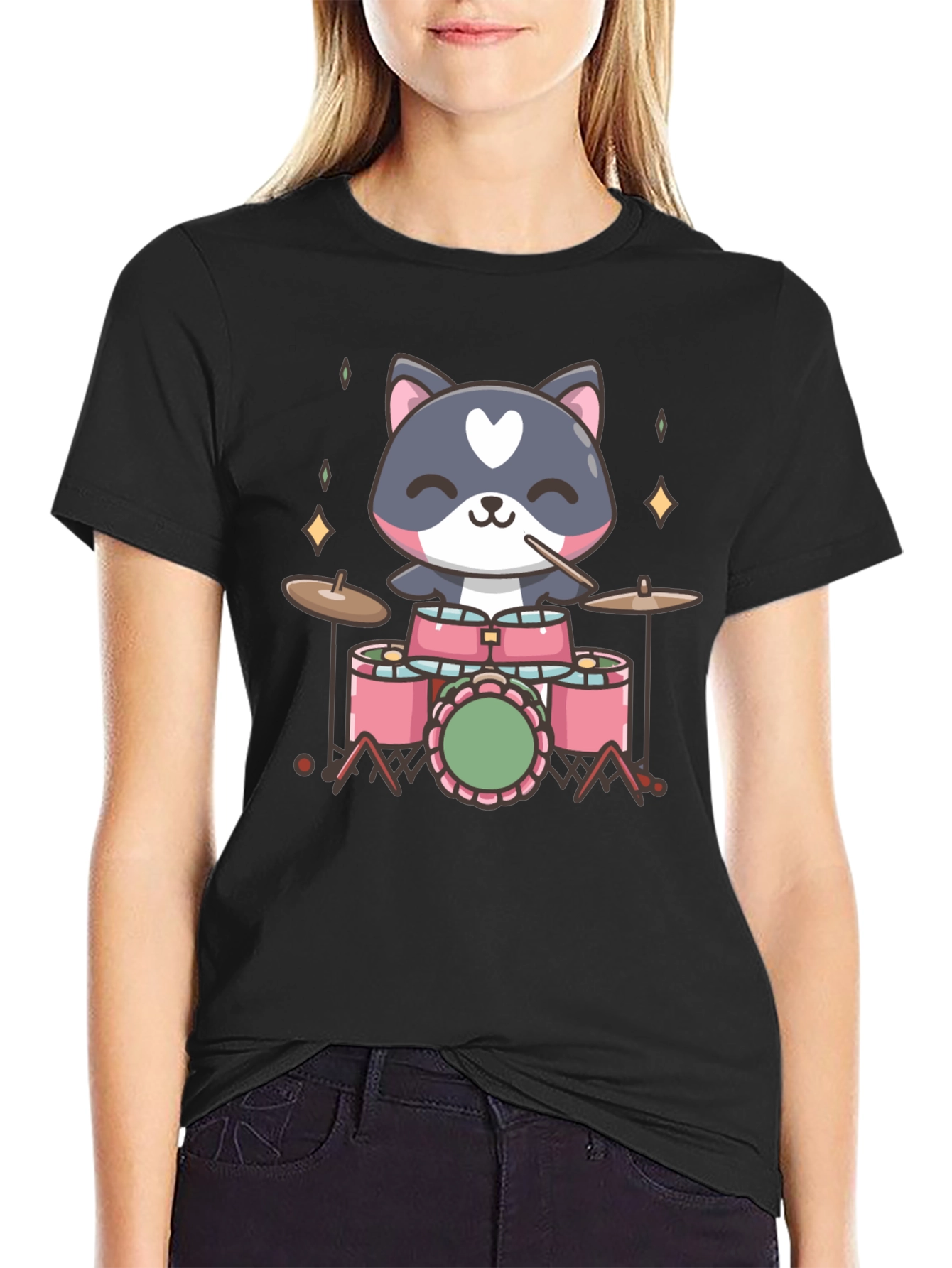 Cute Cat Drummer Black T-Shirt