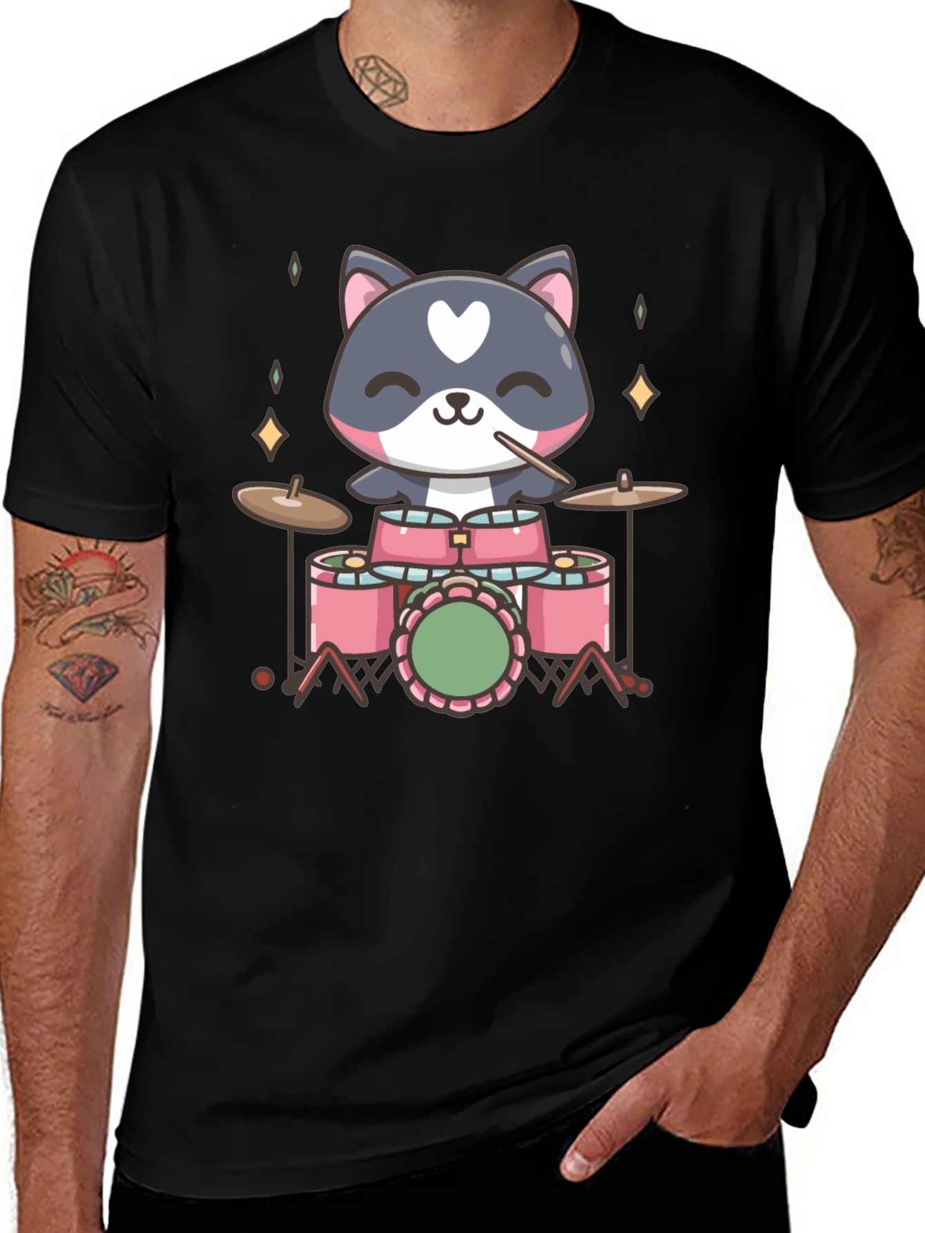 Cute Cat Drummer Black T-Shirt