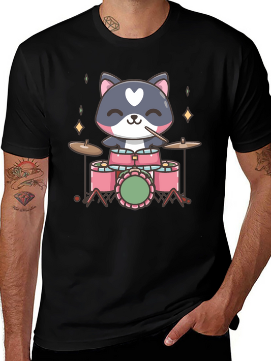 Cute Cat Drummer Black T-Shirt