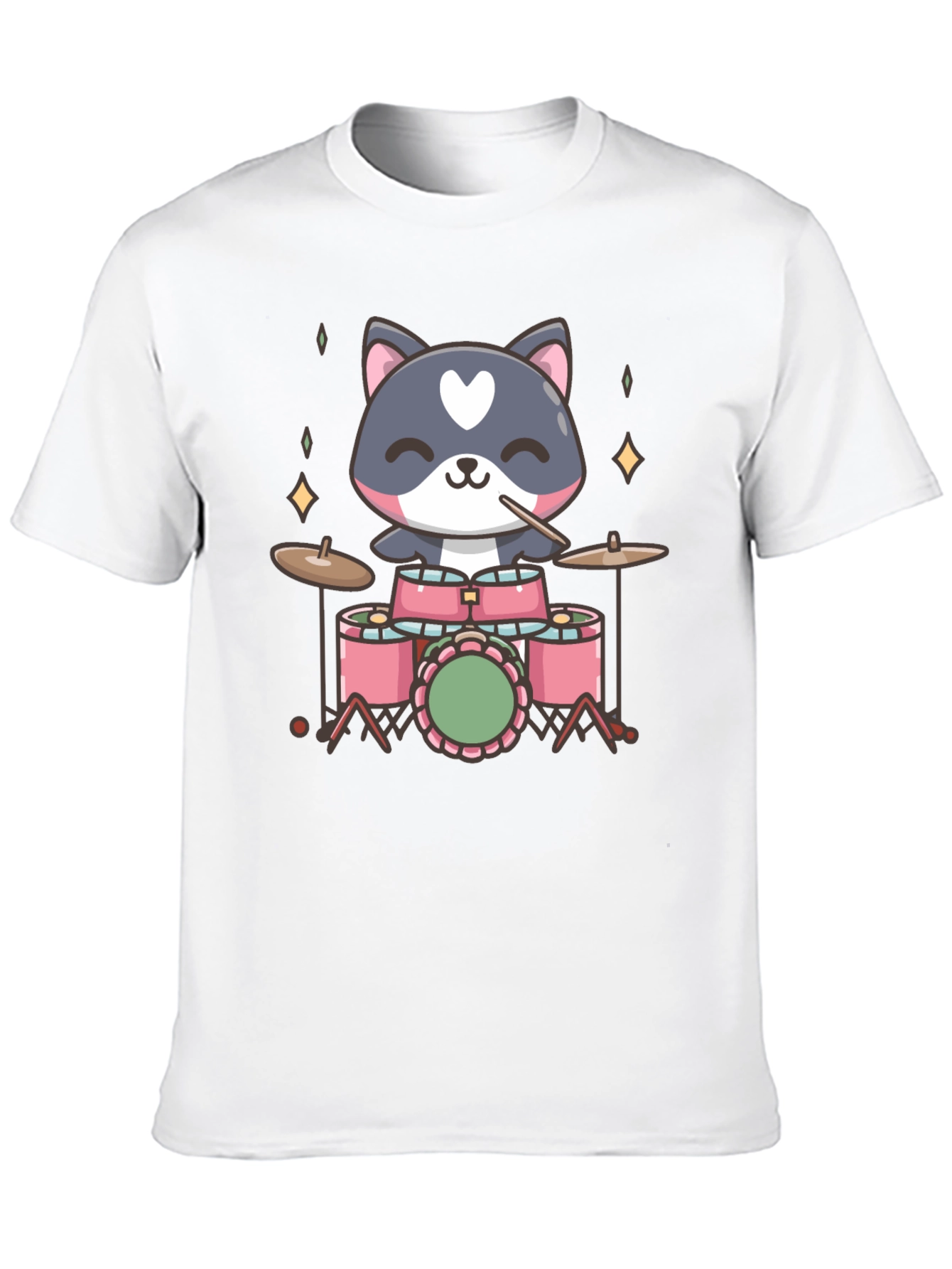 Cute Cat Drummer Black T-Shirt