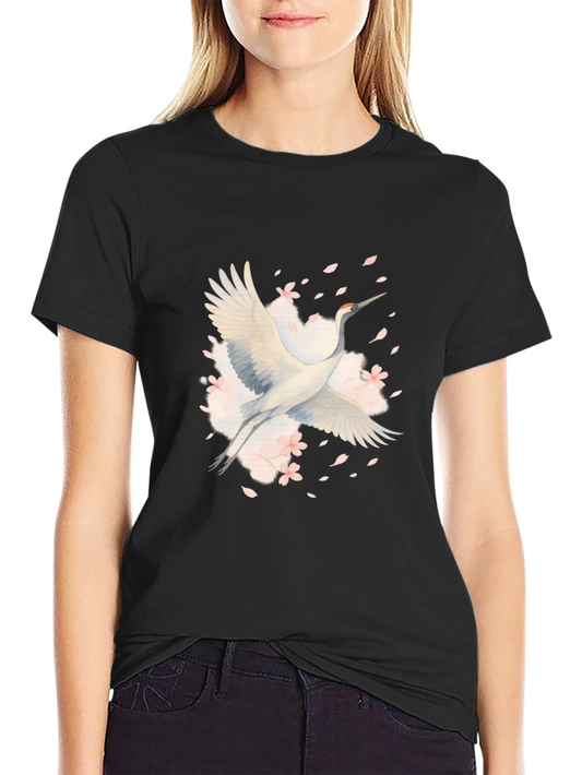Crane and Blossoms Graphic Black T-Shirt