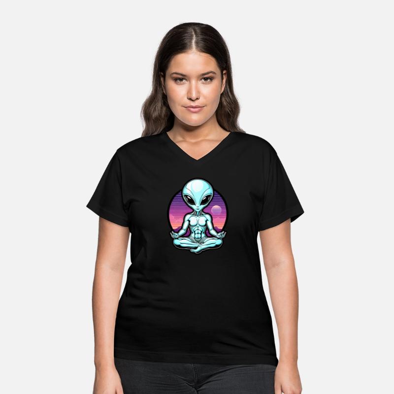 Vaporwave design of meditating grey alien