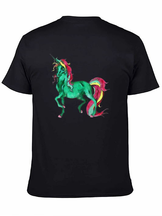 Green Watercolor Unicorn Black T-Shirt