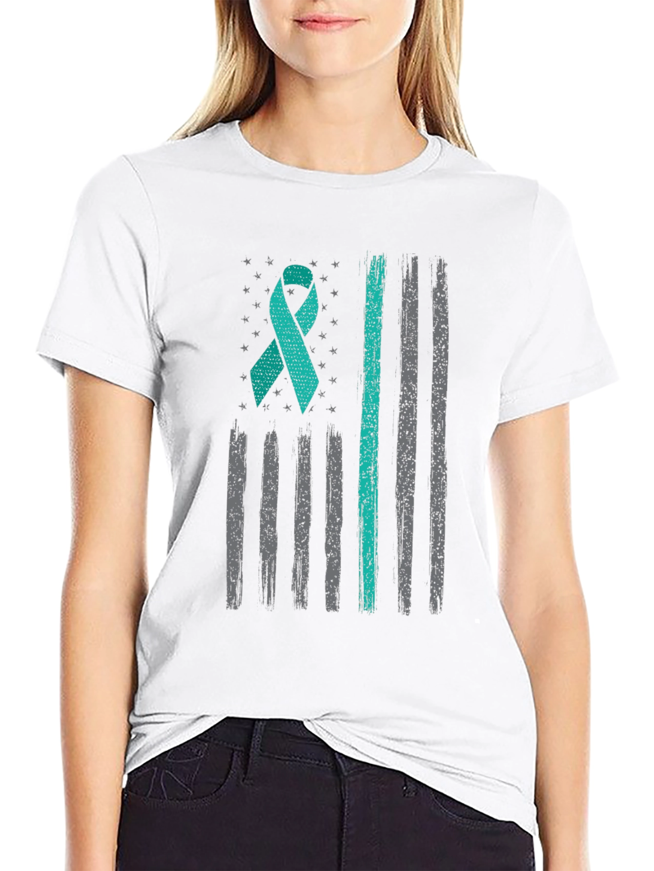 Teal Ribbon US Flag Mental Health Awareness T-Shirt