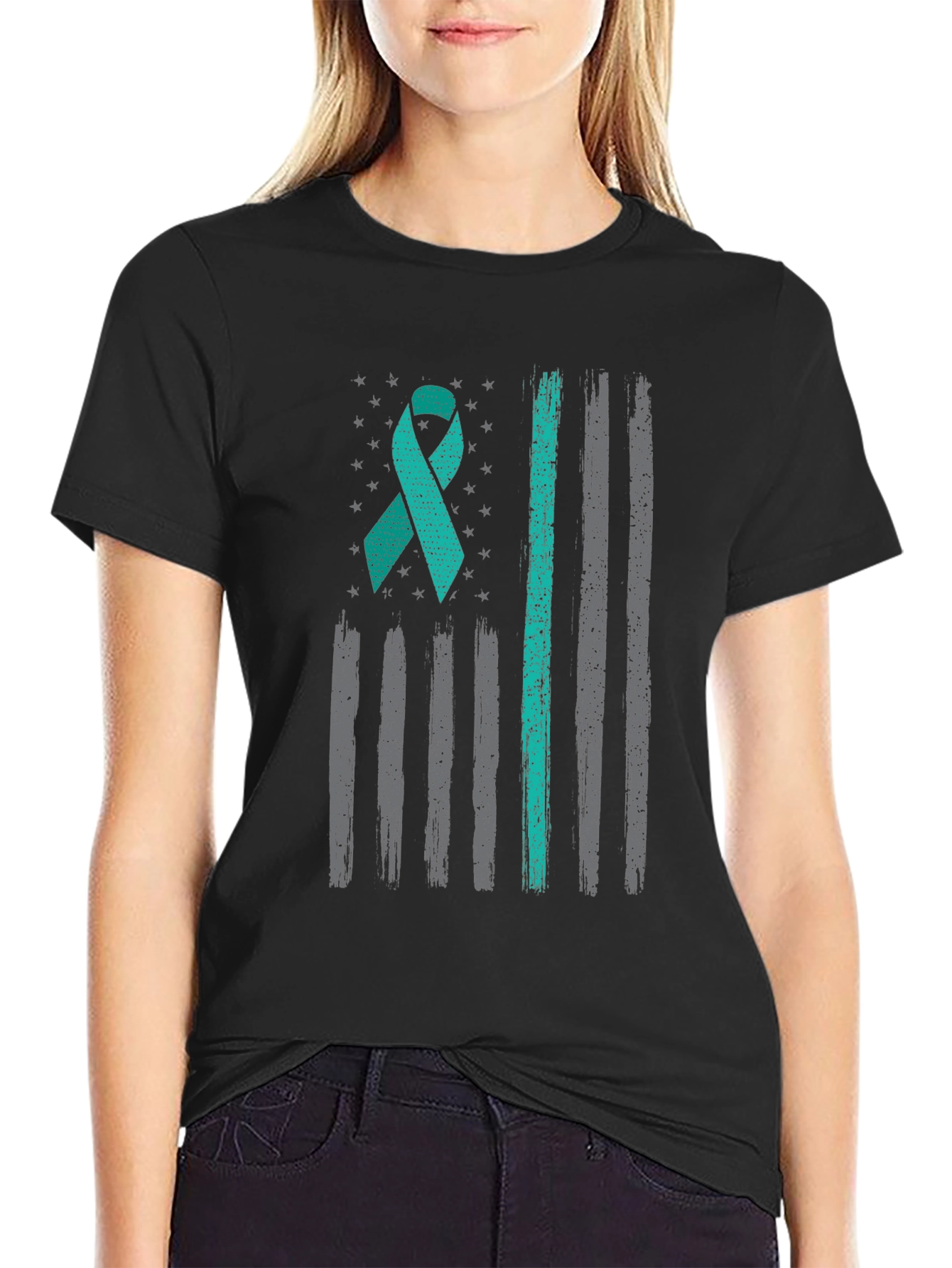 Teal Ribbon US Flag Mental Health Awareness T-Shirt