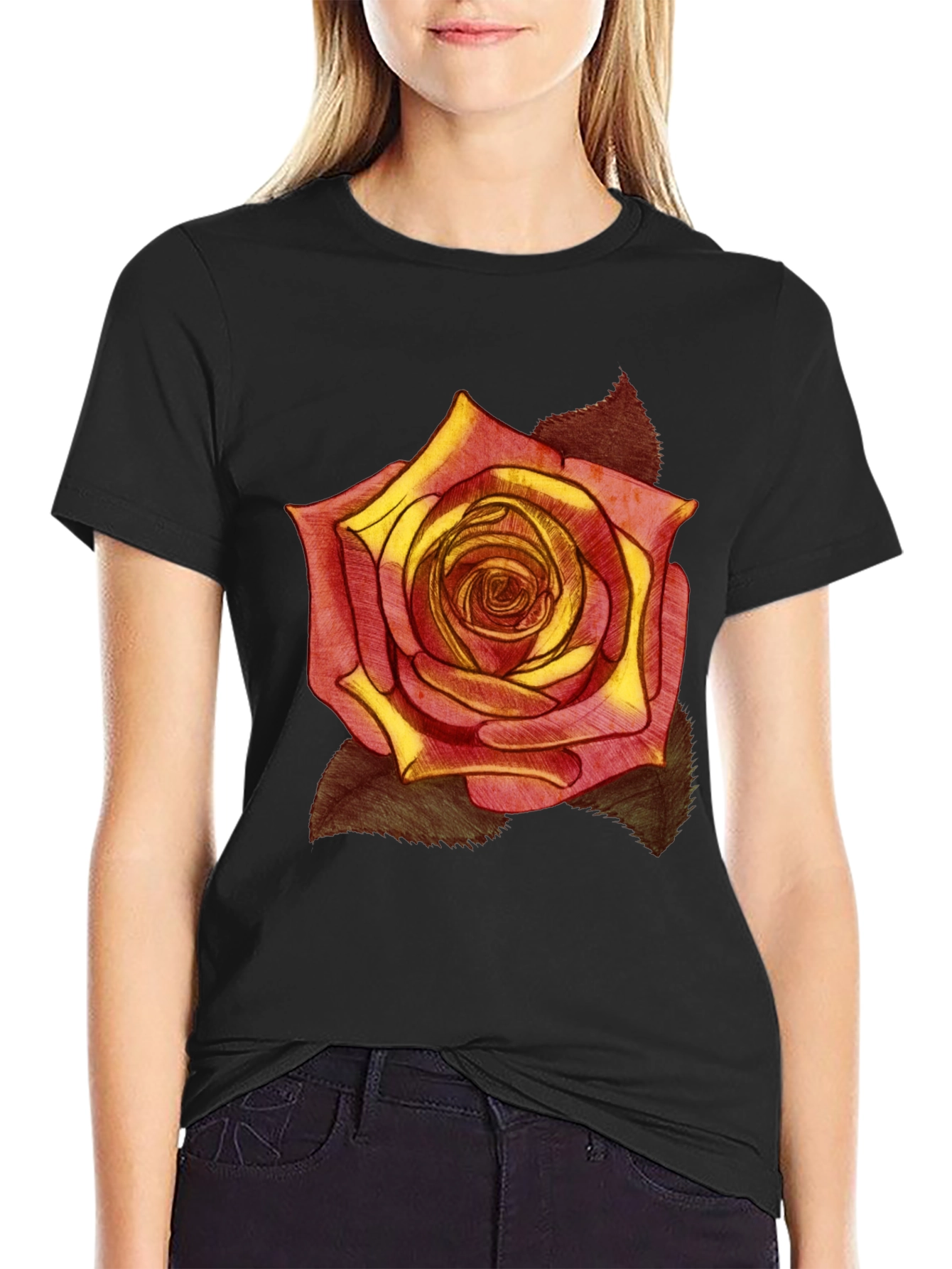 Rose Graphic Print Black T-Shirt
