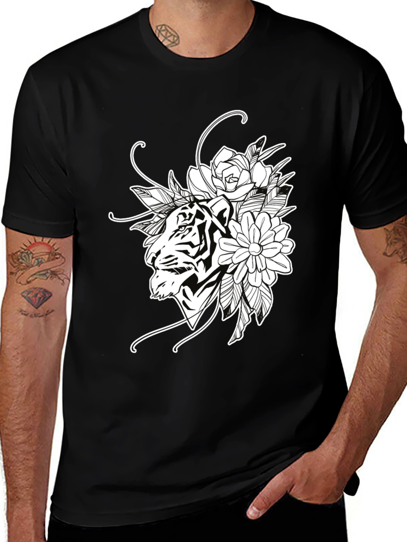 Tiger Floral Print Black Cotton T-Shirt