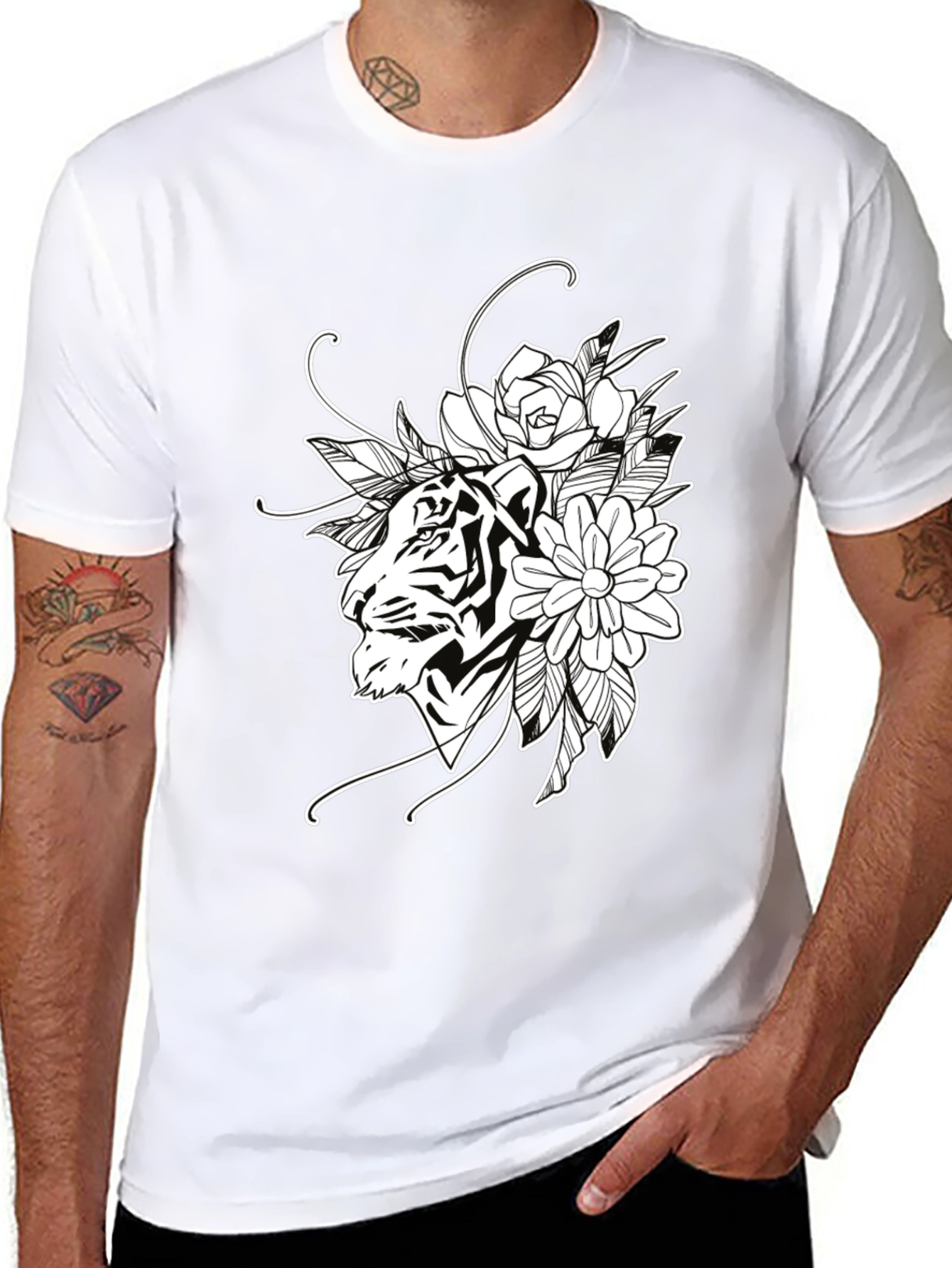 Tiger Floral Print Black Cotton T-Shirt