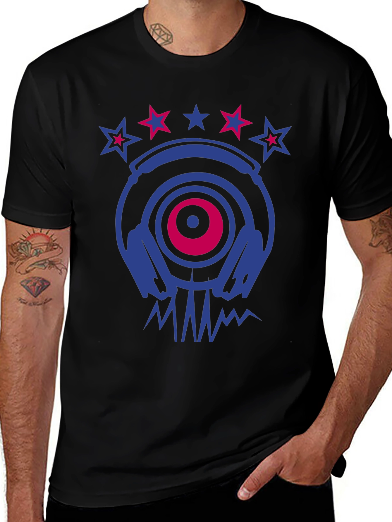Cool DJ Headphones & Stars Graphic Print T-Shirt