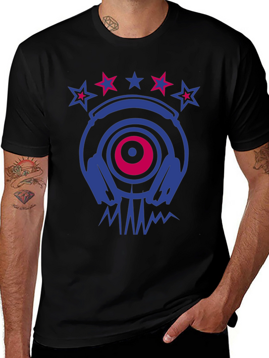 Cool DJ Headphones & Stars Graphic Print T-Shirt