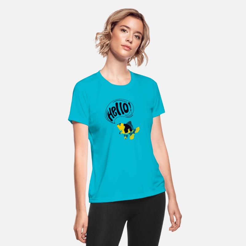 yellow black goldfish greeting hello