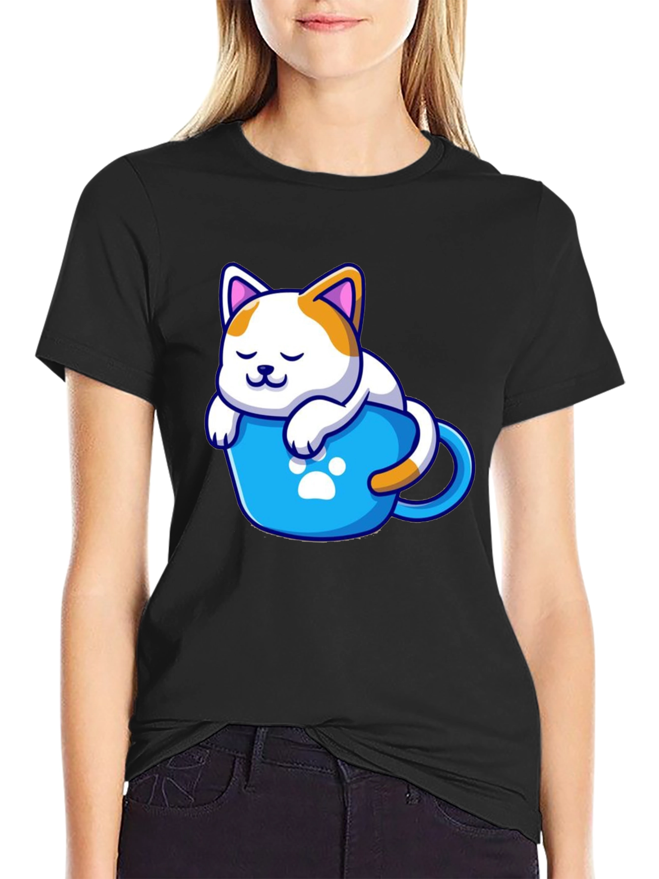 Cute Cat in a Cup Black T-Shirt