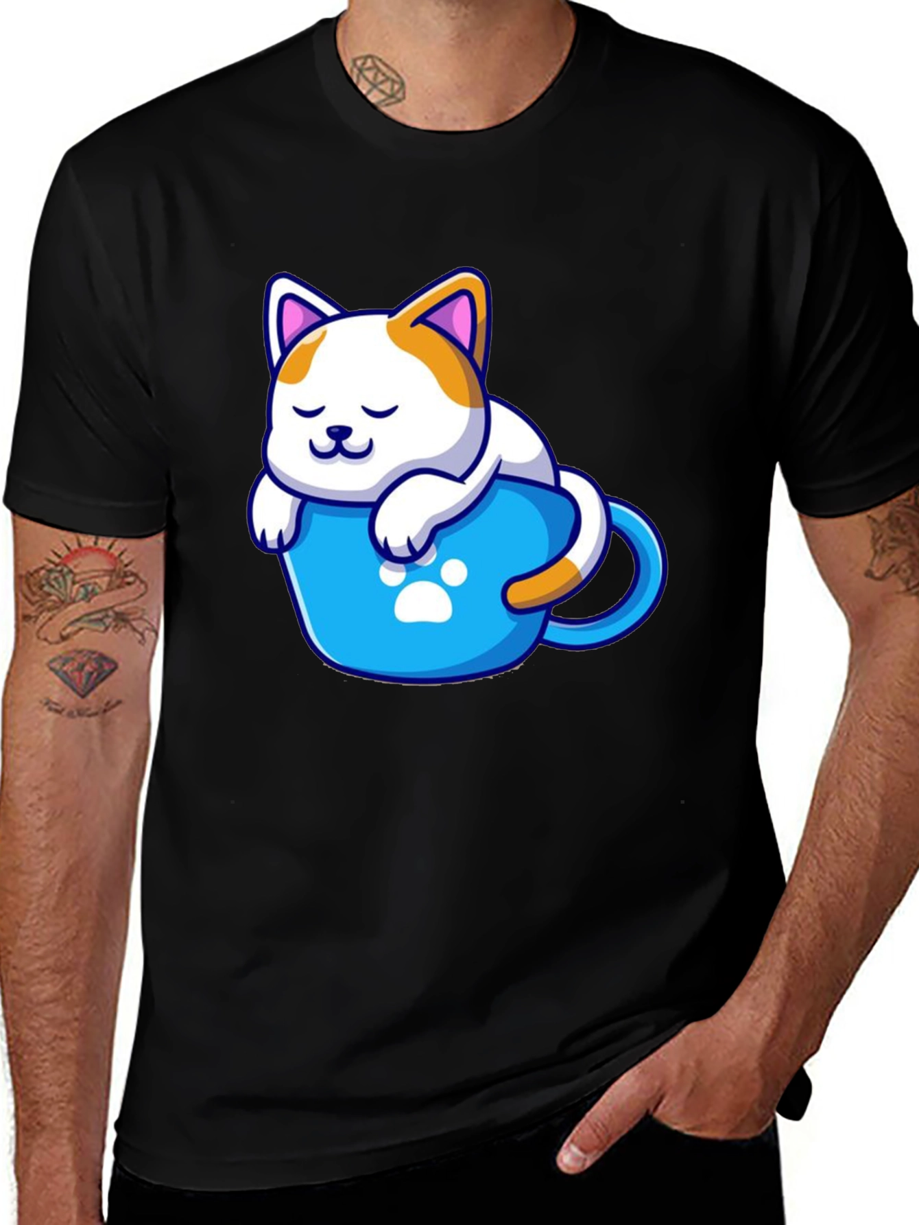 Cute Cat in a Cup Black T-Shirt