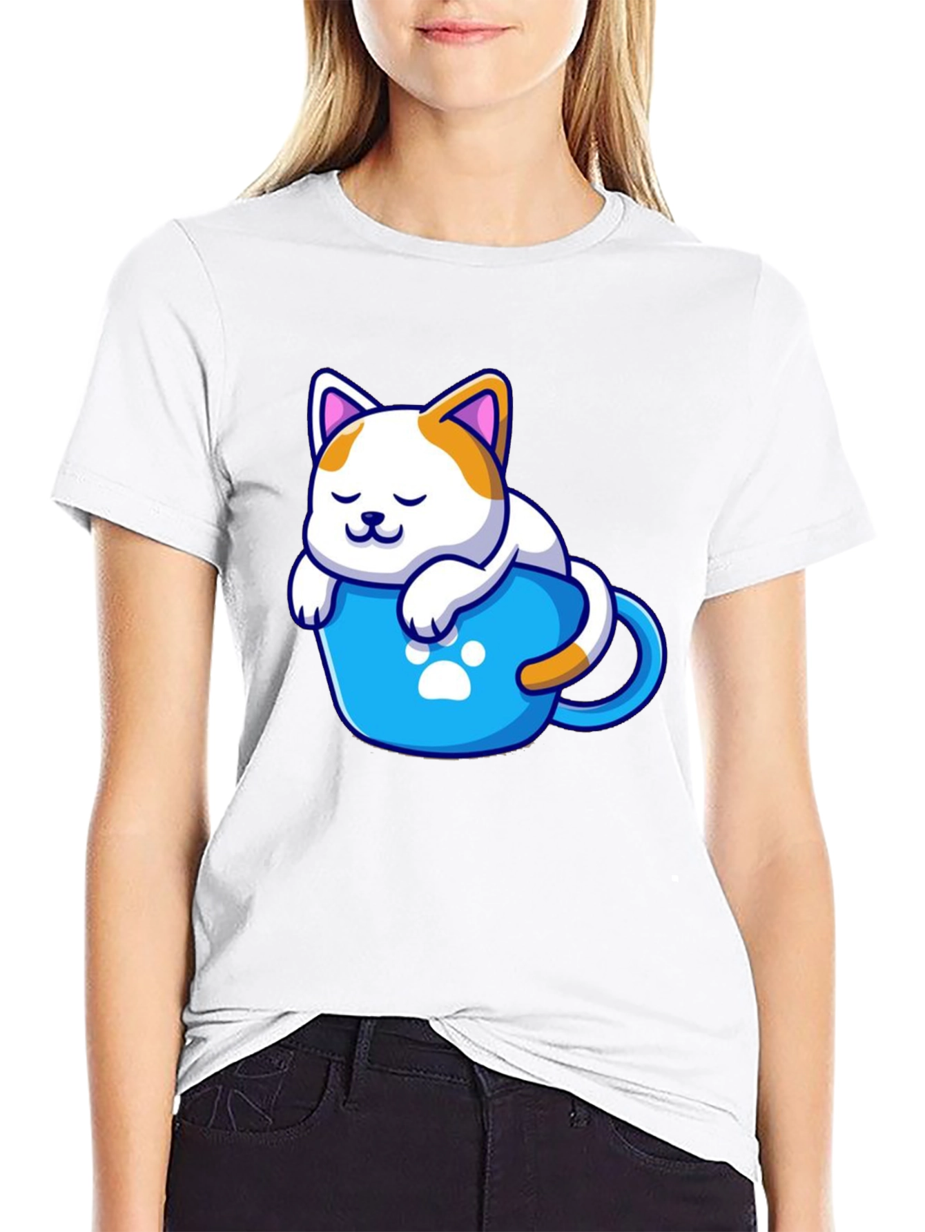 Cute Cat in a Cup Black T-Shirt