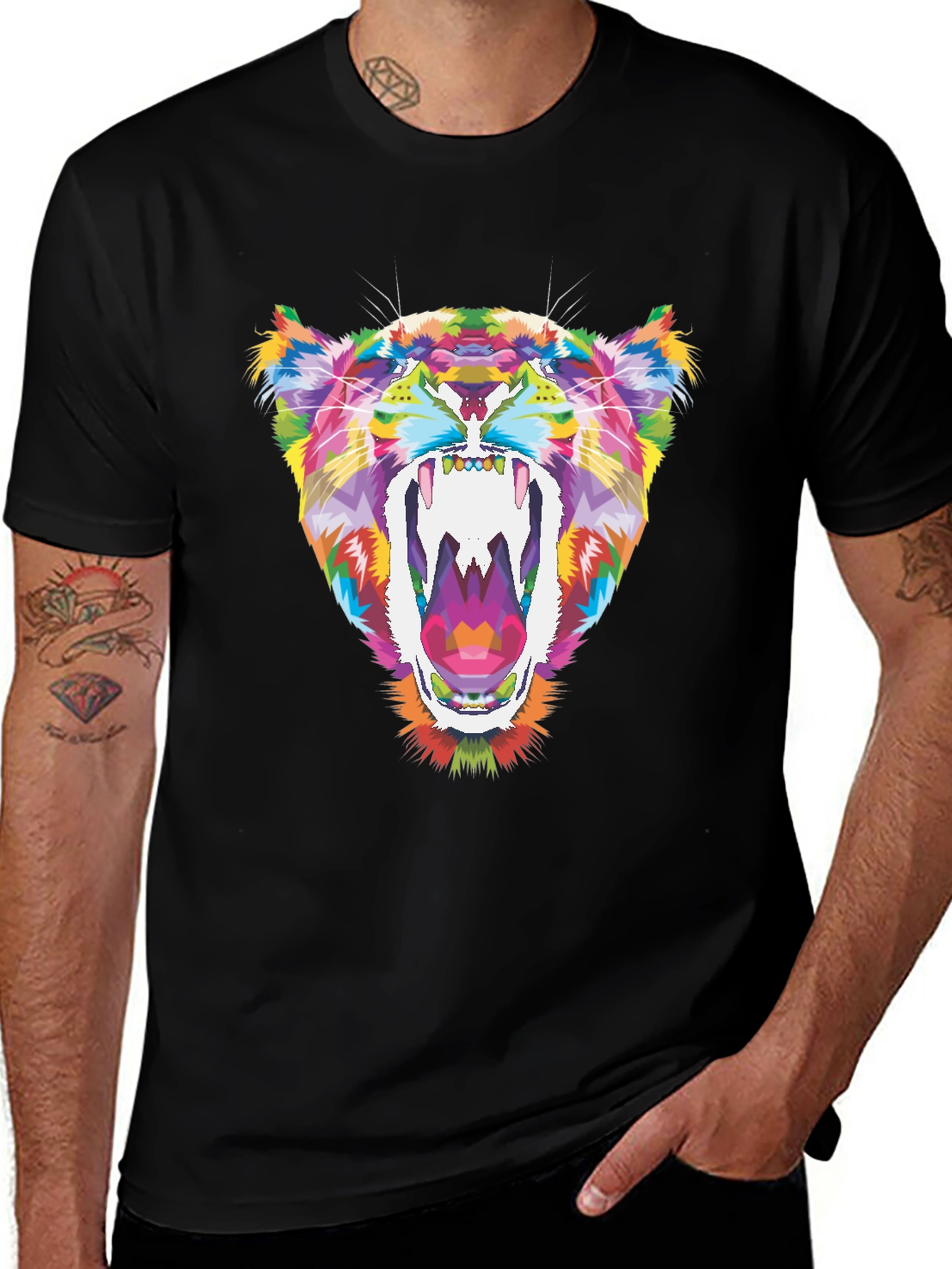 Vibrant Geometric Tiger Graphic Tee - Black