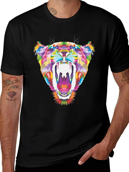 Vibrant Geometric Tiger Graphic Tee - Black